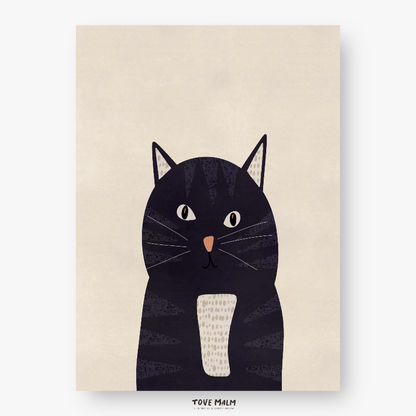 Detaljrik illustration av en randig katt med busig min, tryckt på matt premiumpapper