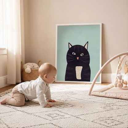 Kattposter i ljus träram lutad mot en vägg i ett solbelyst rum med gardin i bakgrunden