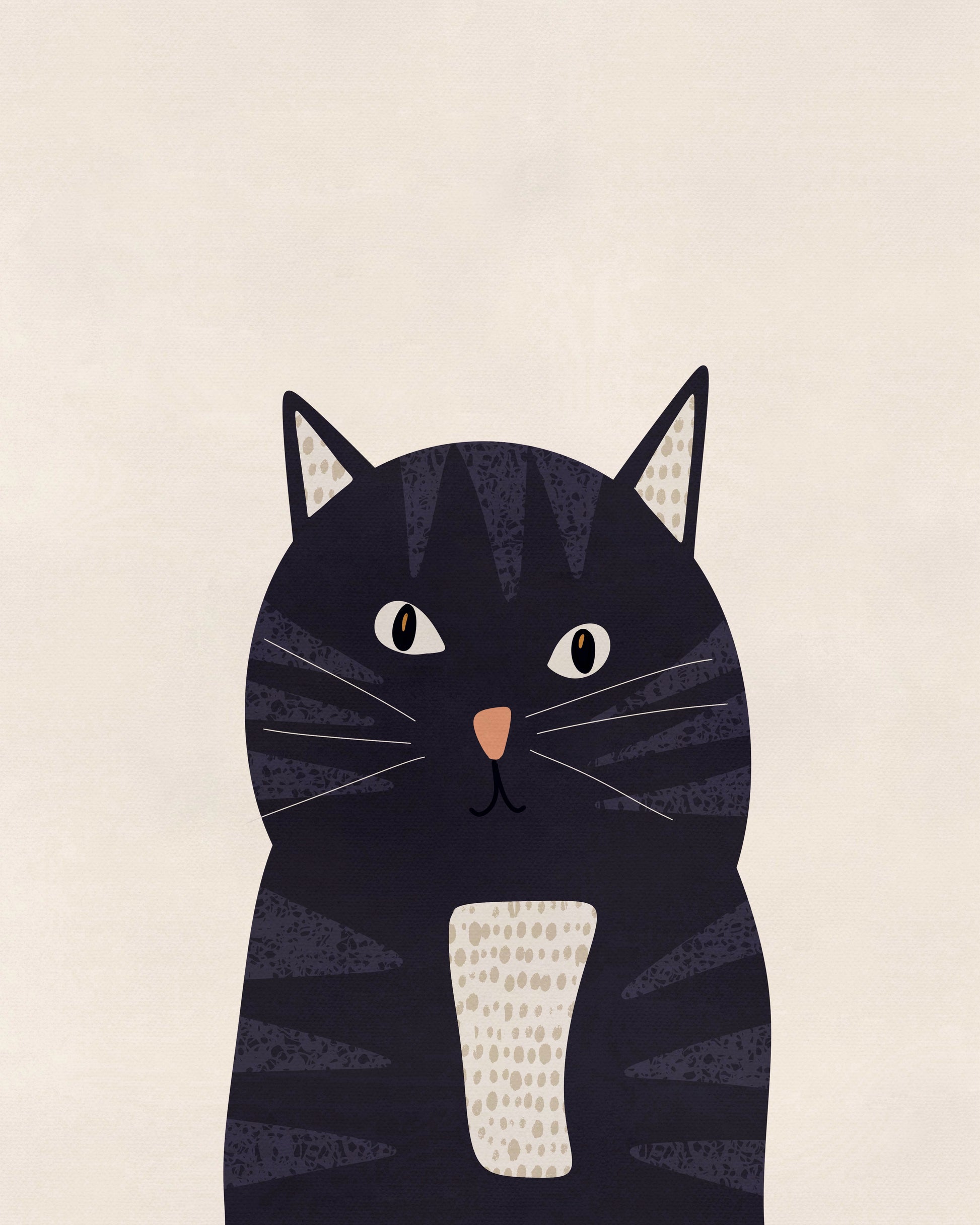 Randig katt i grafiska former, illustrerad av Tove Malm för barnrum