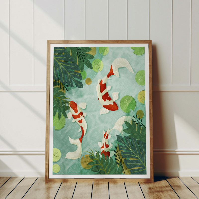 Botanisk Koi Karp-poster inramad i ljus träram, tropiskt motiv för barnrum eller vardagsrum