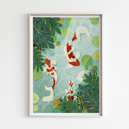 Botanisk Koi Karp poster – tre koi-fiskar sedda ovanifrån i ett tropiskt damm med gröna blad och turkosa nyanser