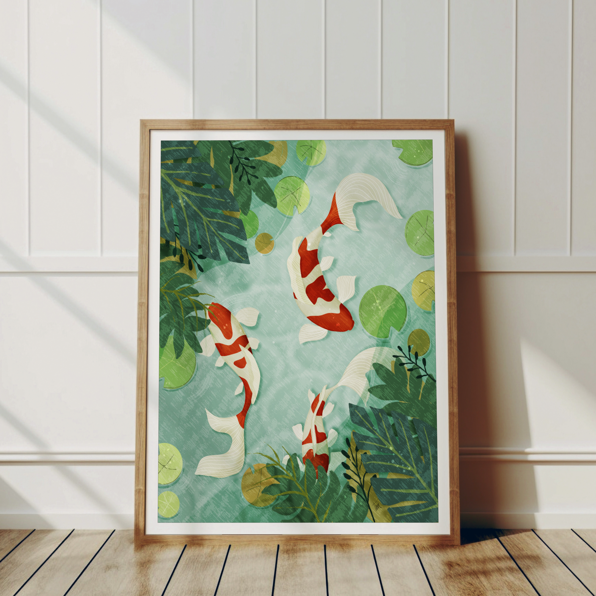 koi karp illustration, trärams mockup 