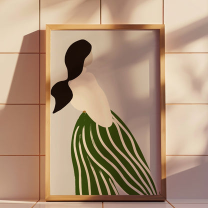 Inramad tavla med kvinna i randiga byxor