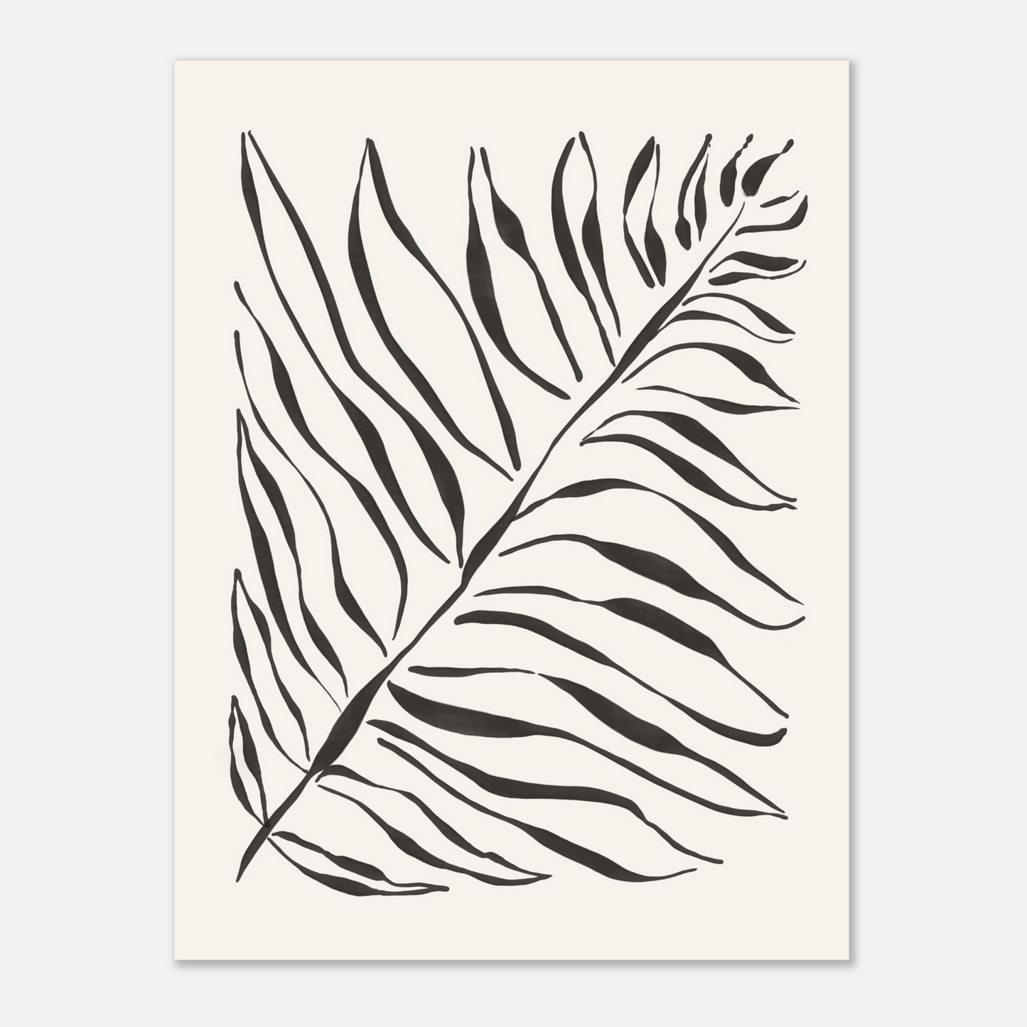 Grafisk poster med palmblad i svart, närbild på ljus botten