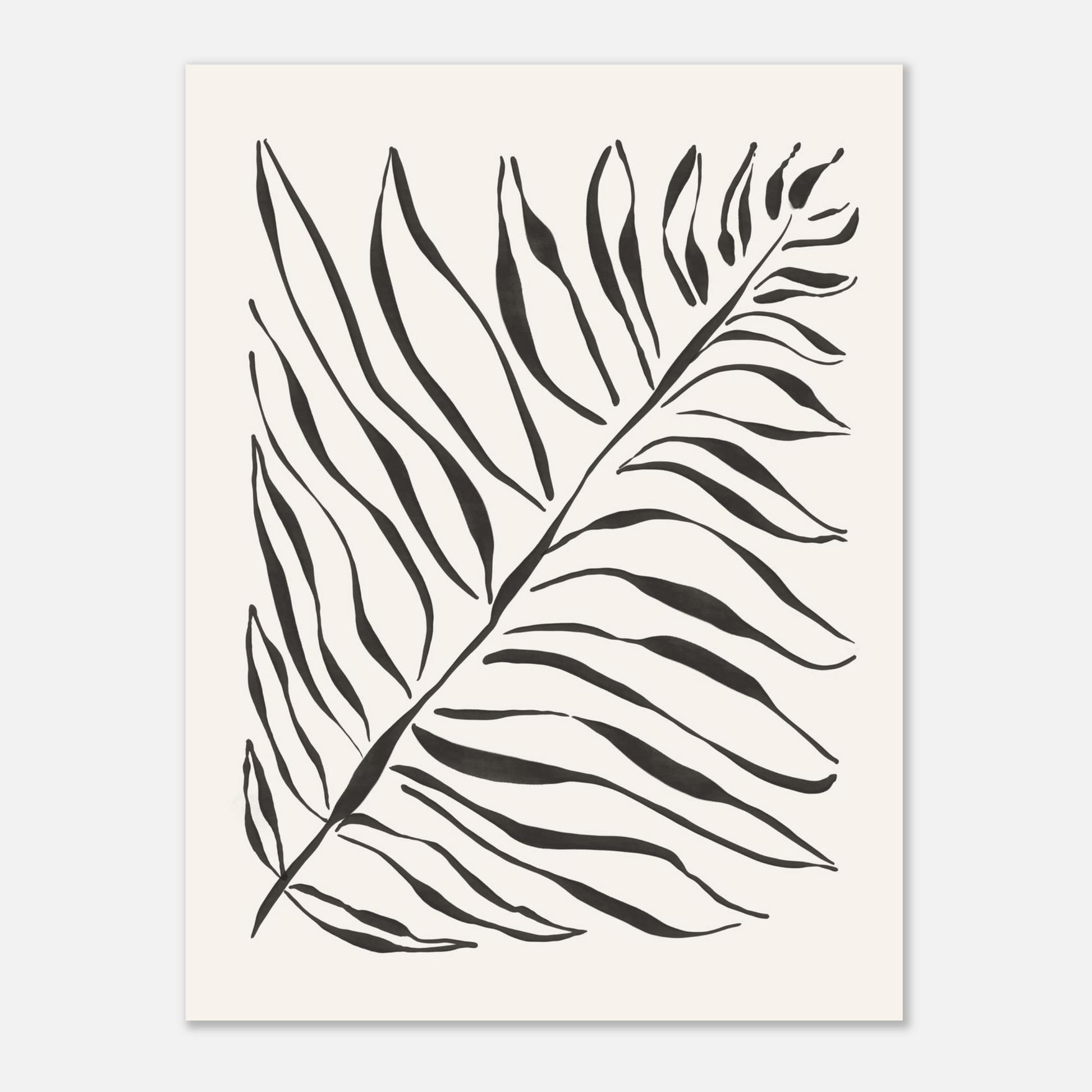 Grafisk poster med palmblad i svart, närbild på ljus botten