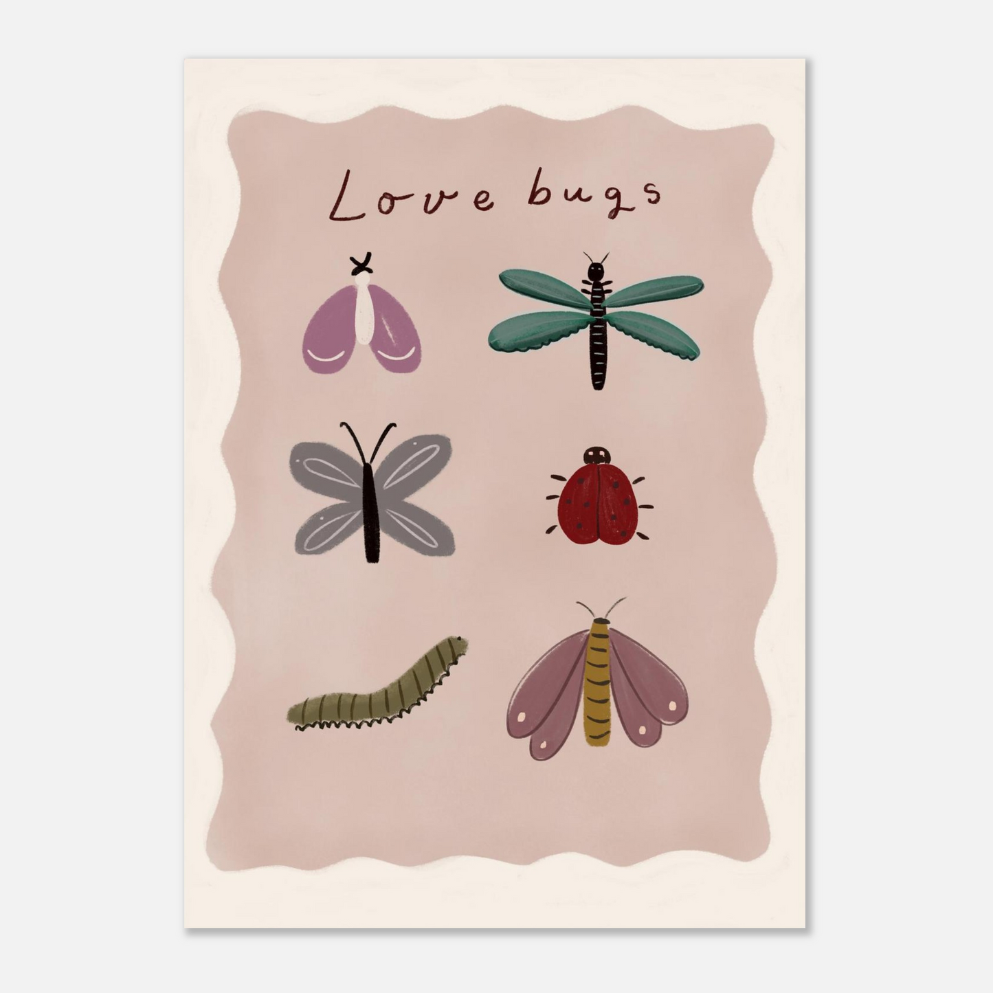 Illustration Love Bugs med fjäril, trollslända och nyckelpiga, närbild på rosa botten