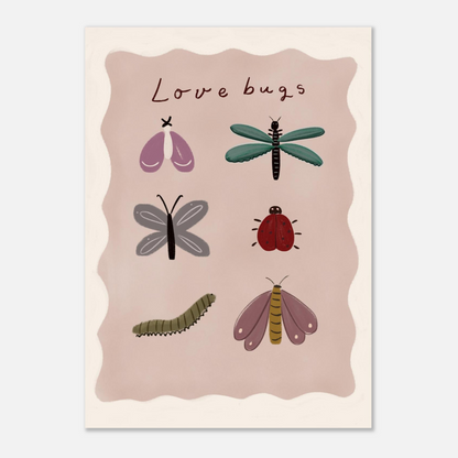 Illustration Love Bugs med fjäril, trollslända och nyckelpiga, närbild på rosa botten