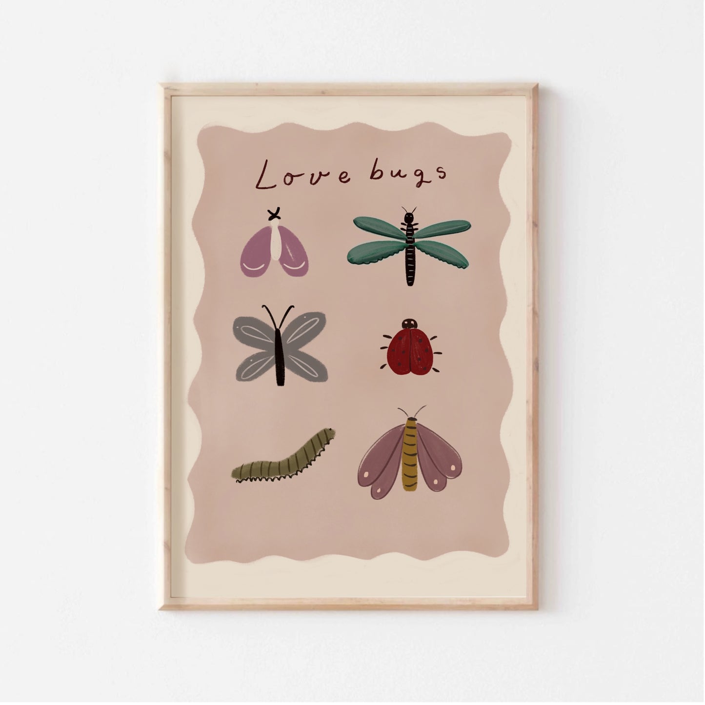 Närbild på Love Bugs-postern med handritade insekter