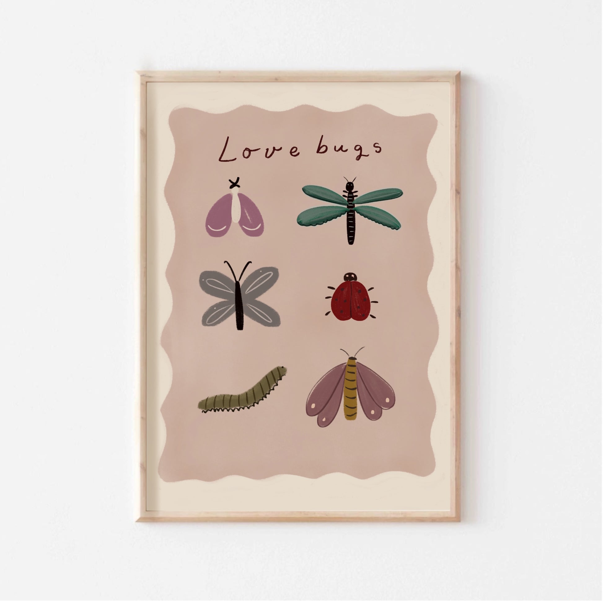 Närbild på Love Bugs-postern med handritade insekter