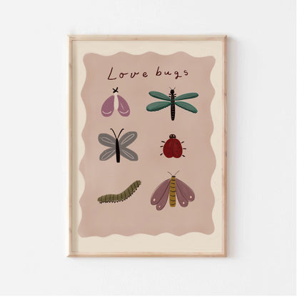 Närbild på Love Bugs-postern med handritade insekter
