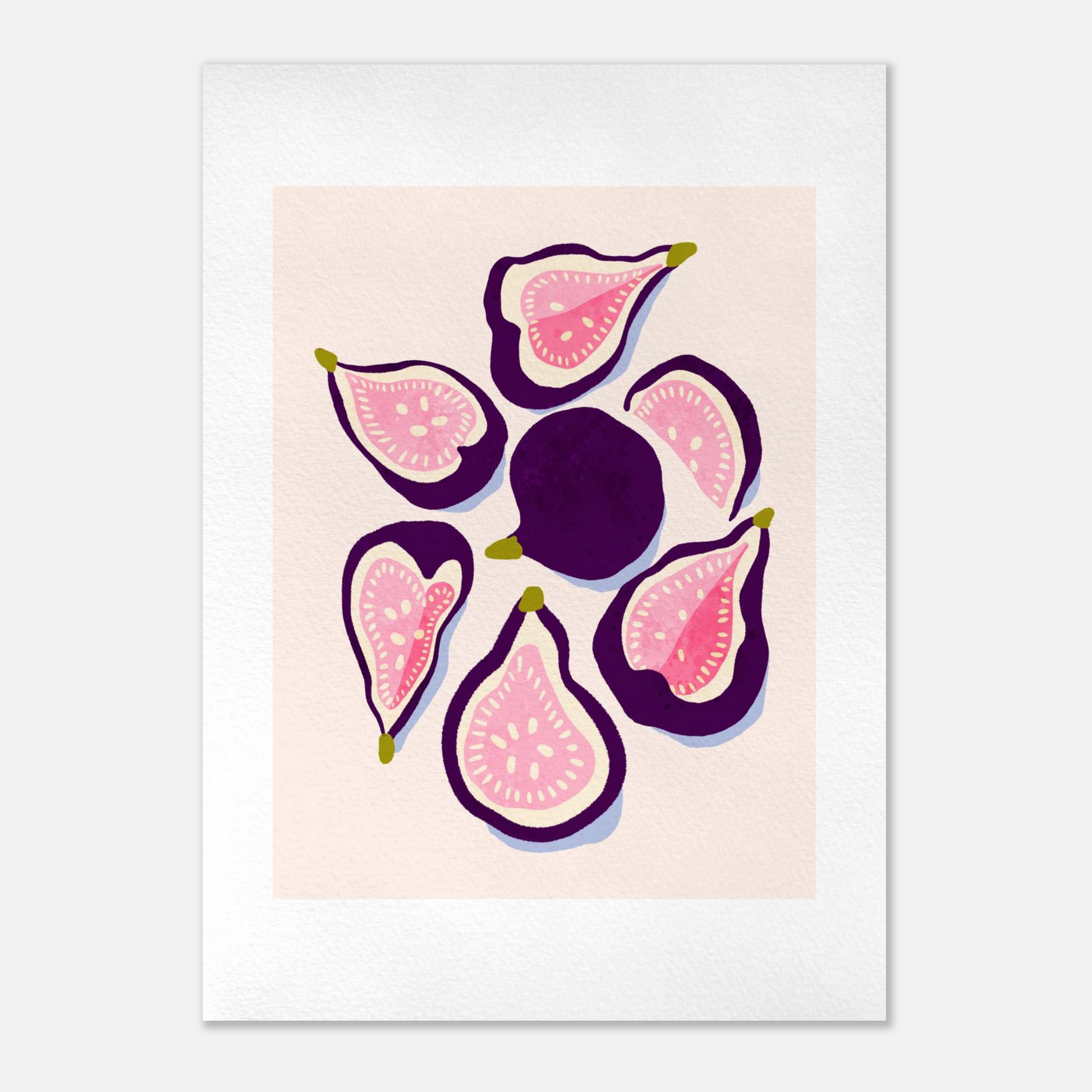 Handmålad gouacheillustration av fikon i Midnight Plum och Soft Sage Rose, arrangerade i en cirkel med inmålad vit passepartout – kökskonst i gouache av Tove Malm