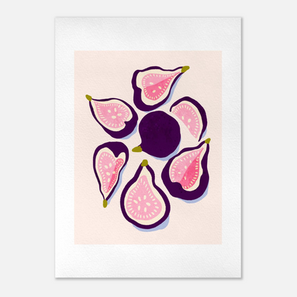 Handmålad gouacheillustration av fikon i Midnight Plum och Soft Sage Rose, arrangerade i en cirkel med inmålad vit passepartout – kökskonst i gouache av Tove Malm