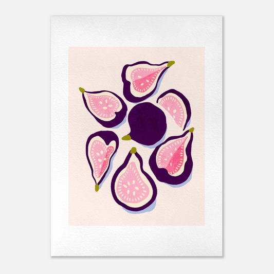 Handmålad gouacheillustration av fikon i Midnight Plum och Soft Sage Rose, arrangerade i en cirkel med inmålad vit passepartout – kökskonst i gouache av Tove Malm