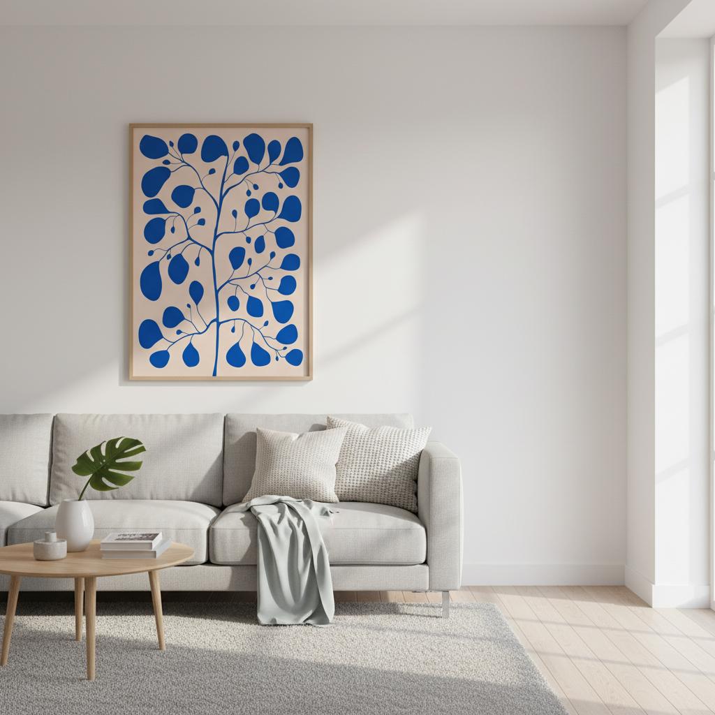 Modern skandinavisk interiör med Pilea Ficus tavla i blå och rosa toner – botanisk illustration av Tove Malm.