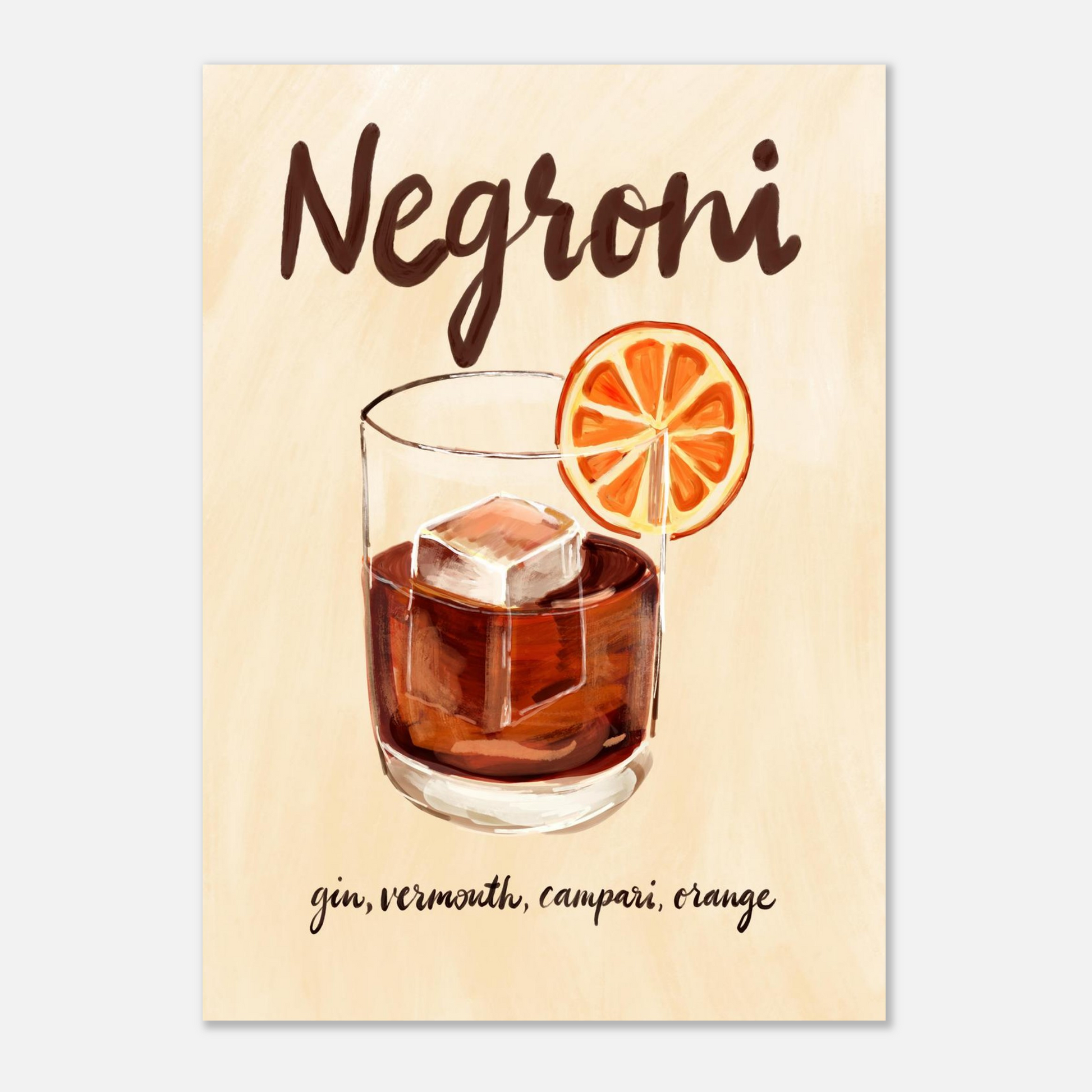 Handmålad negroni-poster med ett whiskyglas, apelsinskiva och texten gin, vermouth, campari, orange mot beige bakgrund