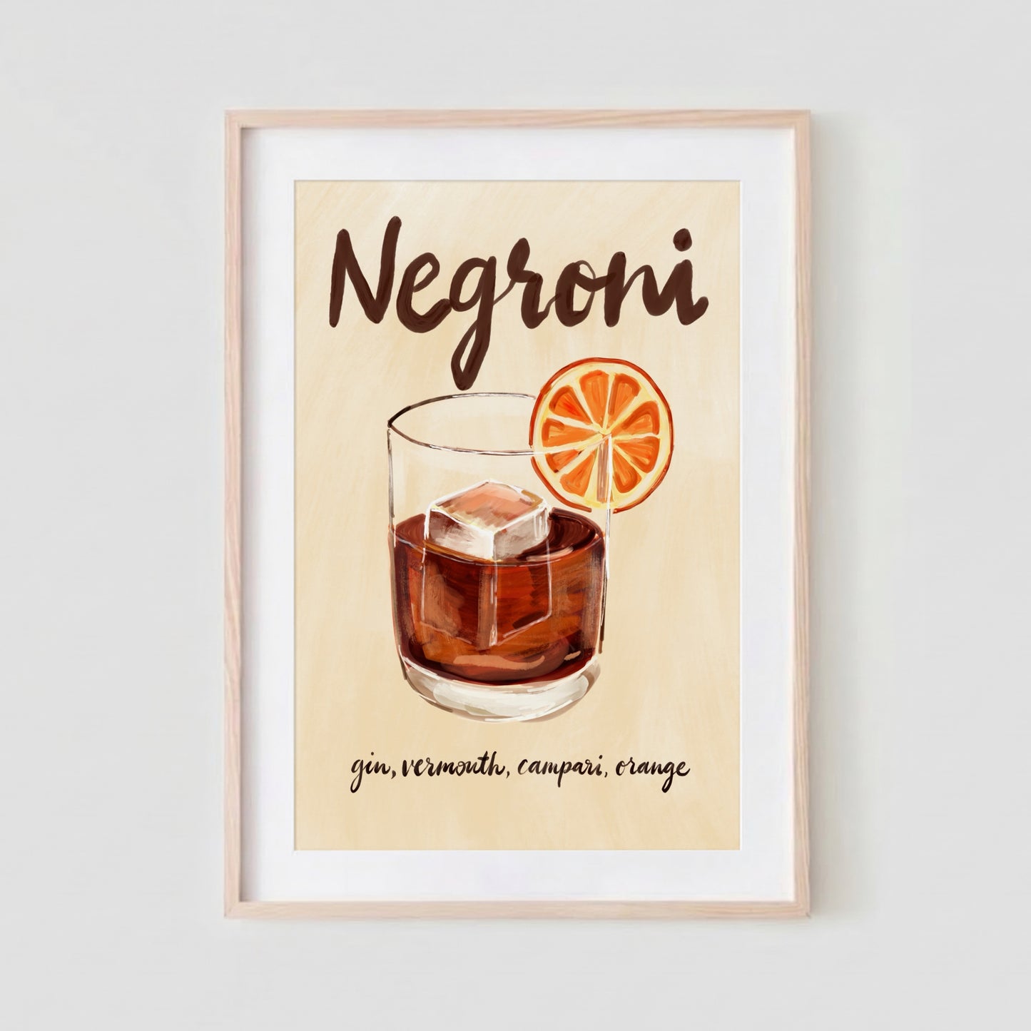 Negroni-poster i träram på ljus vägg med skuggor 