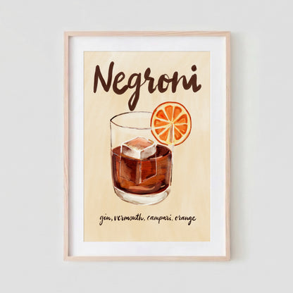 Negroni-poster i träram på ljus vägg med skuggor 