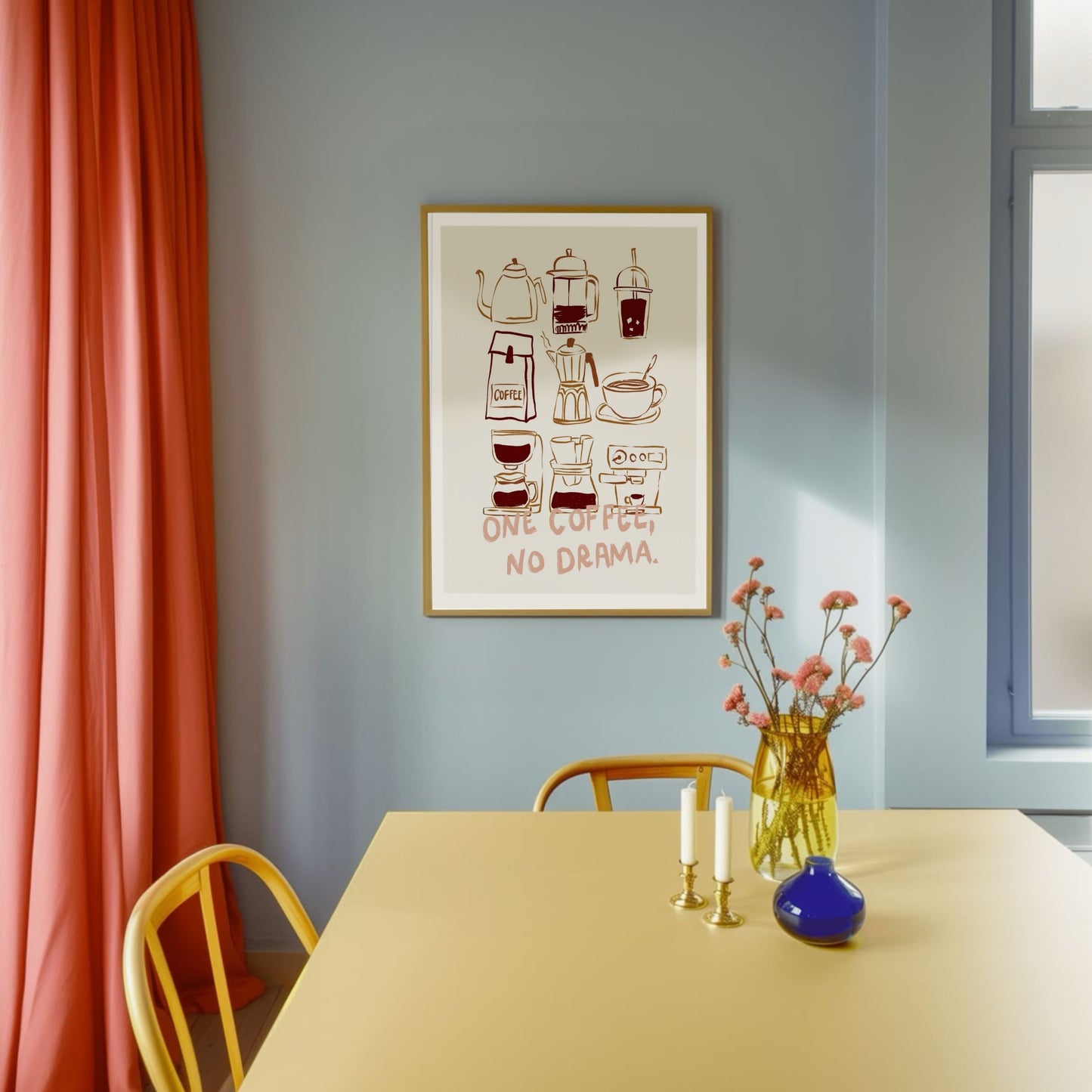 One Coffee No Drama poster inramad med illustration av kaffeverktyg