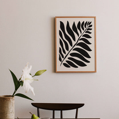 Bladsiluett i svart, grafisk botanisk poster