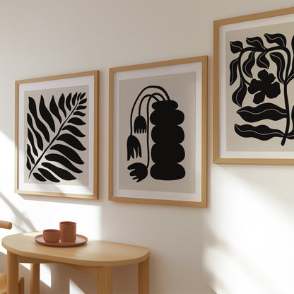 Bladsiluett i svart, grafisk botanisk poster