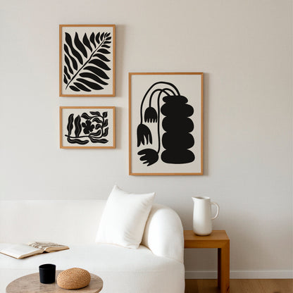 Bladsiluett i svart, grafisk botanisk poster