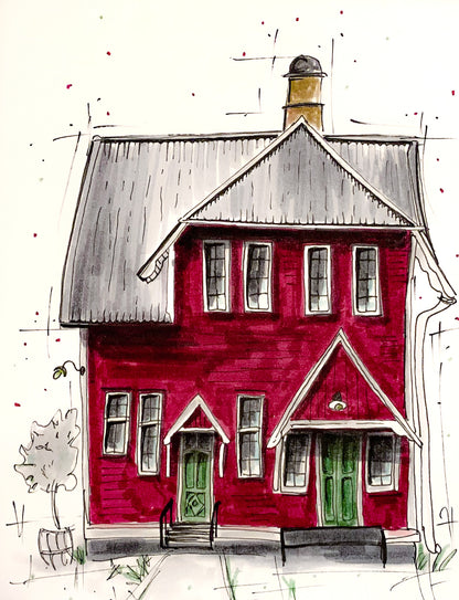 Handritat husporträtt av en klassisk villa, perfekt som 70-årspresent till föräldrar.