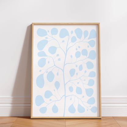 Pilea Fig Cool Blue – Handritad Botanisk Poster i Ljusblått