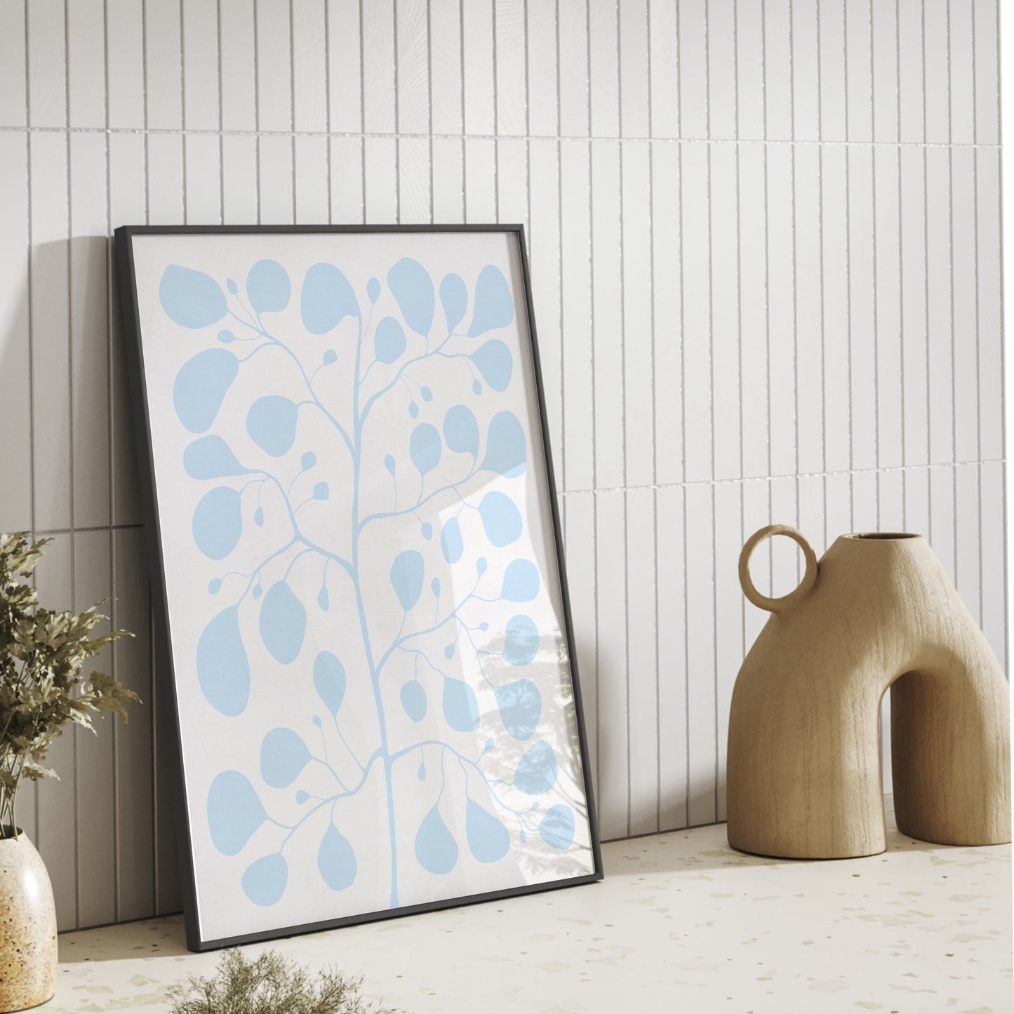 Pilea Fig Cool Blue – Handritad Botanisk Poster i Ljusblått