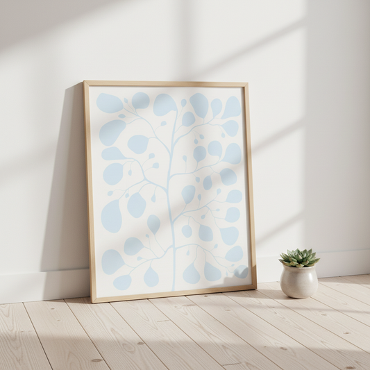  Pilea Fig Cool Blue poster lutad mot vägg – sval blå botanisk minimalism