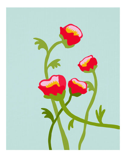 Grafisk illustration av pioner i rött och cerise på ljusblå bakgrund, design av Tove Malm 