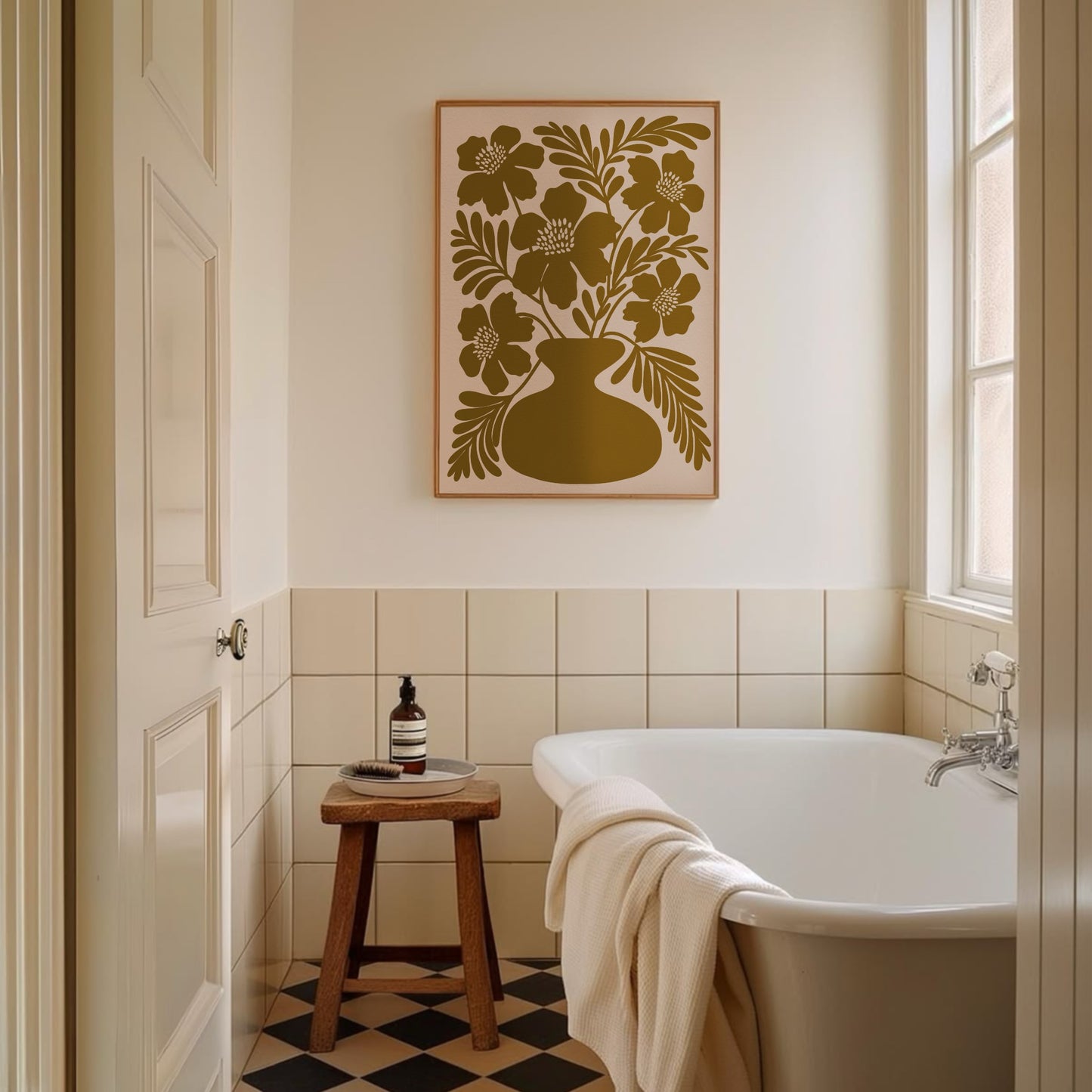 Botanisk poster i badrum – olivgrön och rosa
