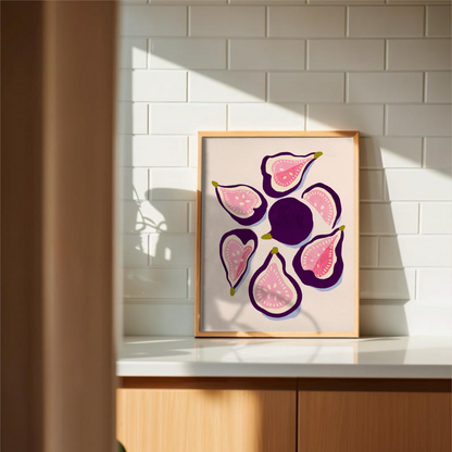 Fikon poster på köksbänk mot vit kakelvägg, handmålad kökskonst i gouache