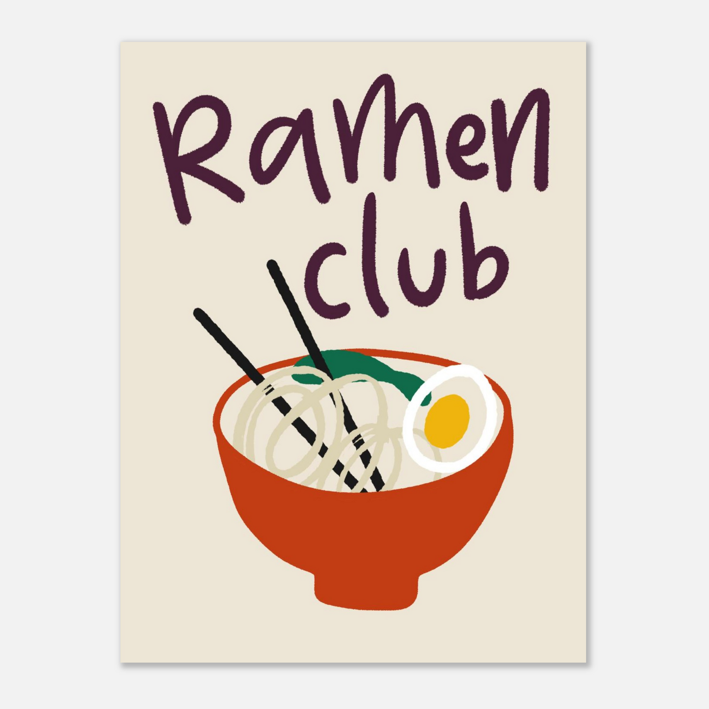 Nudelposter med handskriven text Ramen Club i aubergine mot creme botten