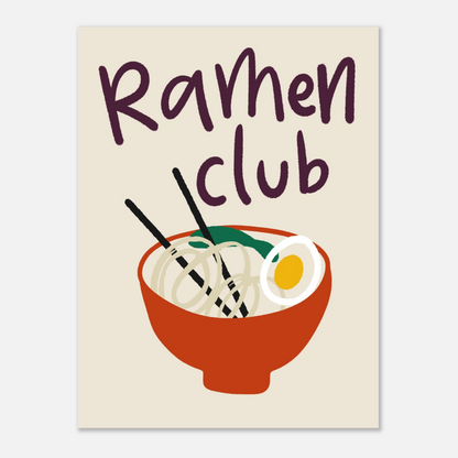 Nudelposter med handskriven text Ramen Club i aubergine mot creme botten