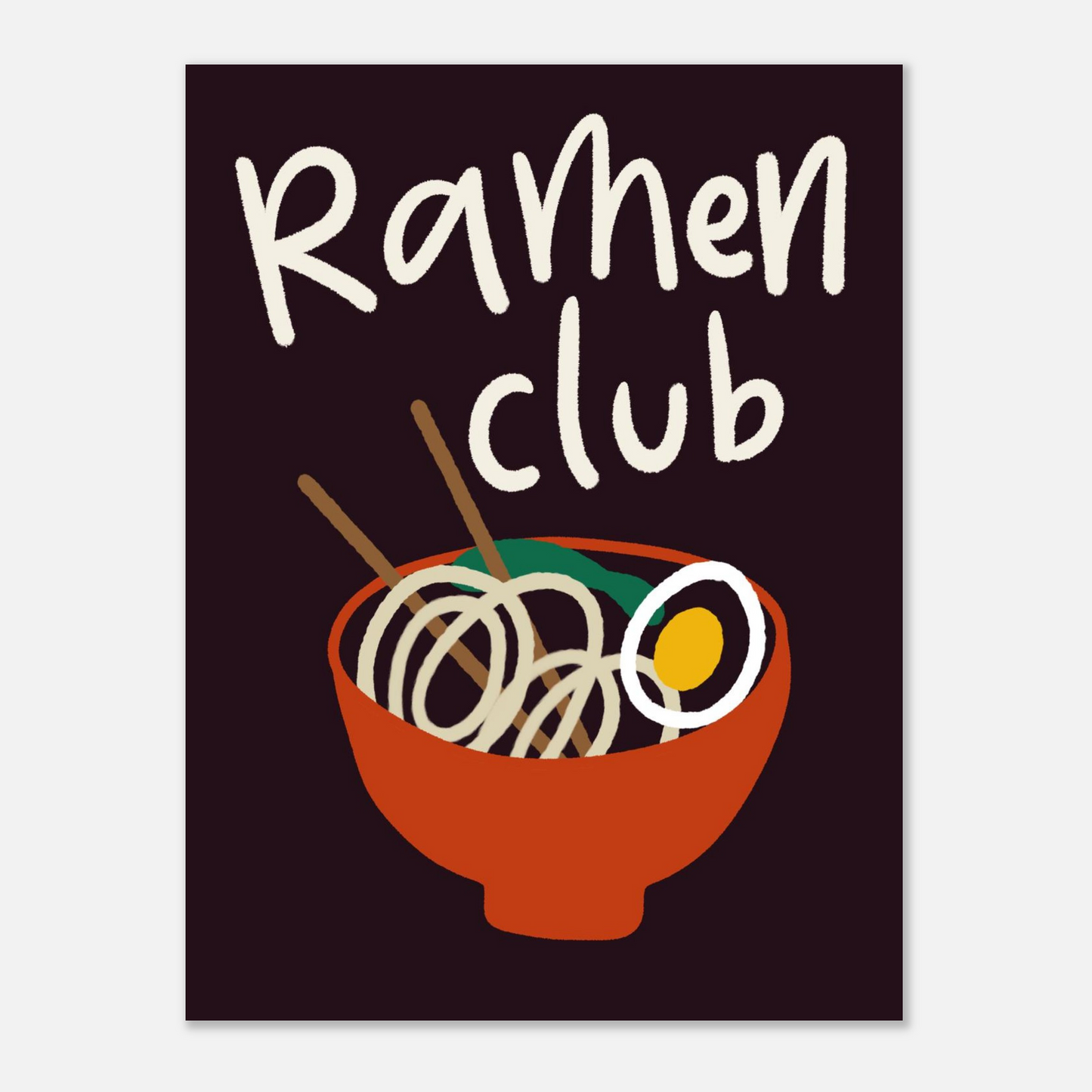 Ramenposter med handskriven text Ramen Club, närbild i aubergine