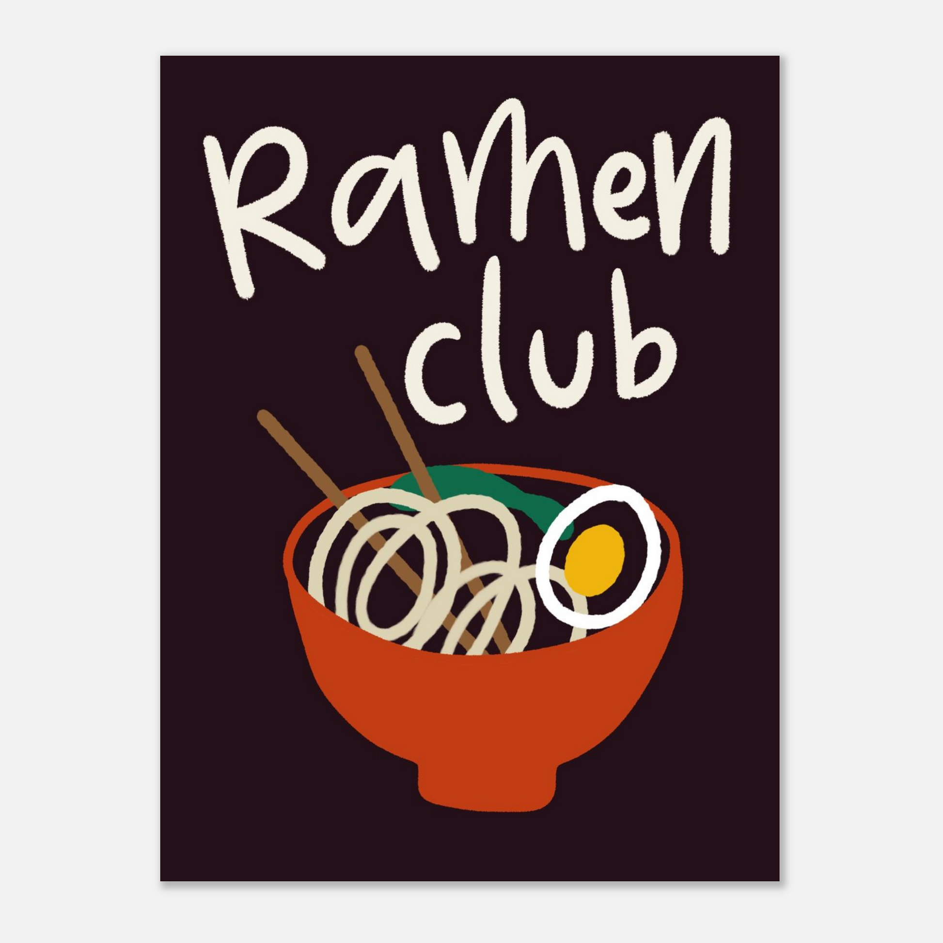 Ramenposter med handskriven text Ramen Club, närbild i aubergine