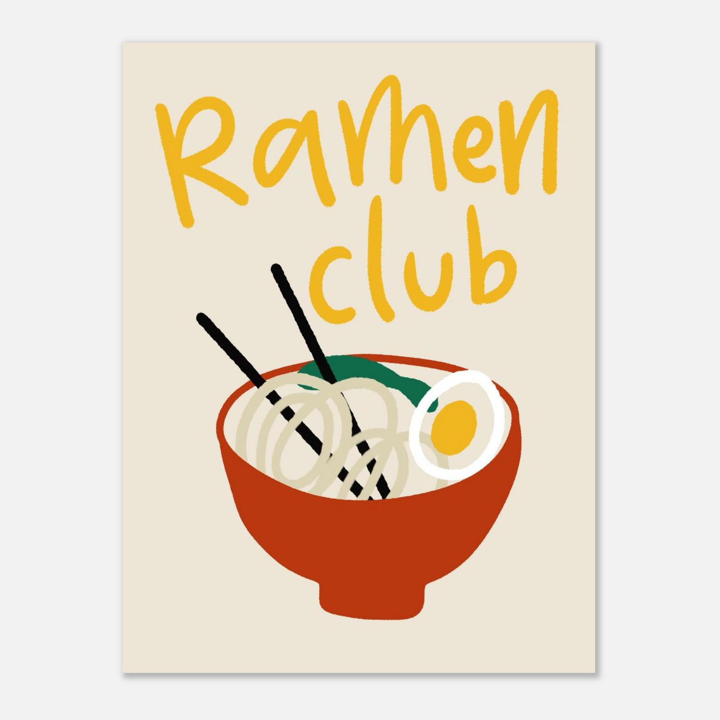 Ramenposter med handskriven text Ramen Club, närbild i gult