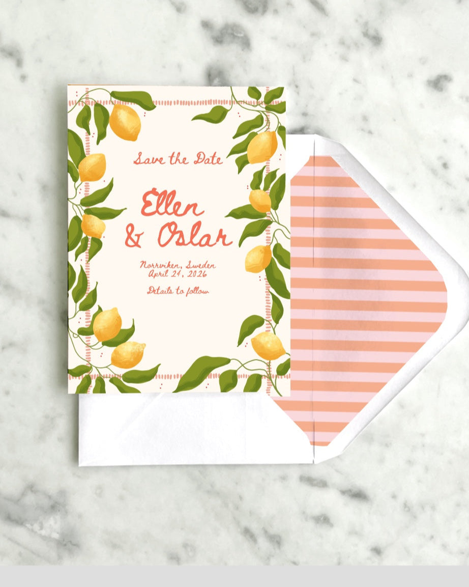Save the date Citronkrans i semi bespoke-design – Tove Malm