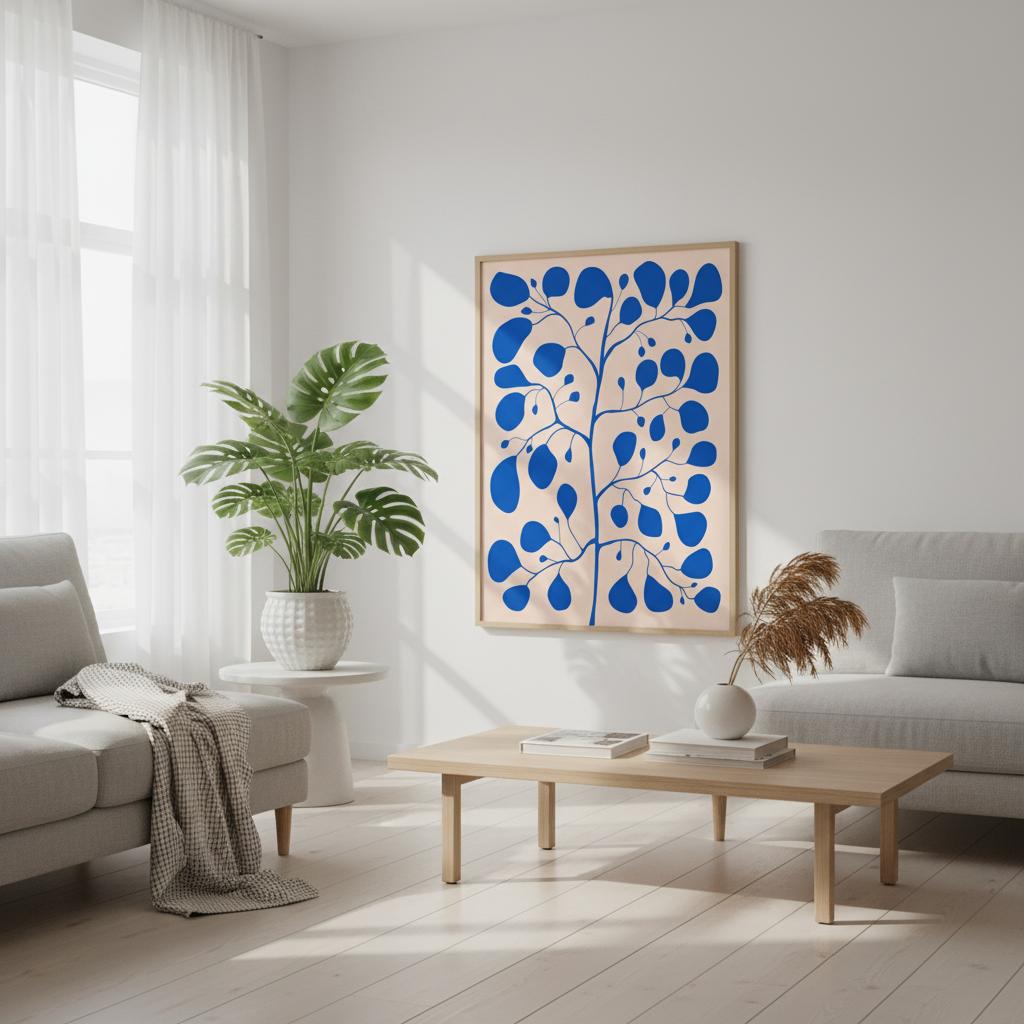 Skandinavisk rumsmiljö med blå Pilea Ficus tavla – harmonisk botanisk illustration av Tove Malm.