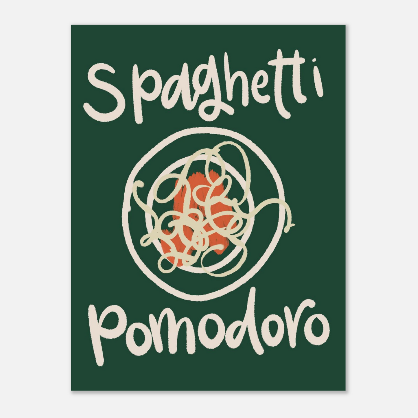 Pastaposter med handskriven text Spaghetti Pomodoro, närbild i mörkgrönt