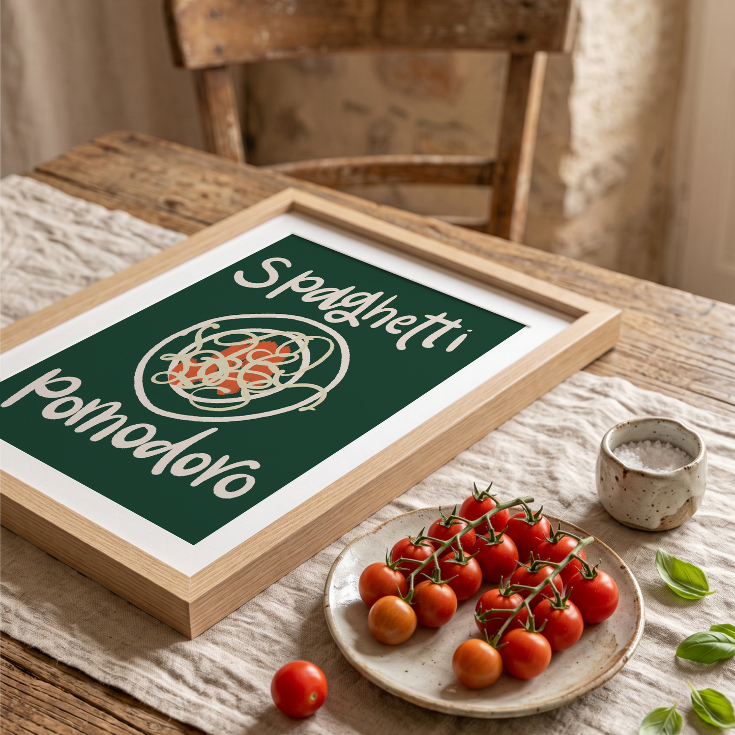 Pastaposter Spaghetti Pomodoro på träbord med tomater, vinklad vy