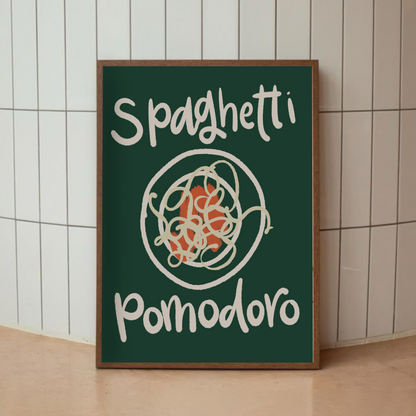 Pastaposter Spaghetti Pomodoro på vitkaklad vägg
