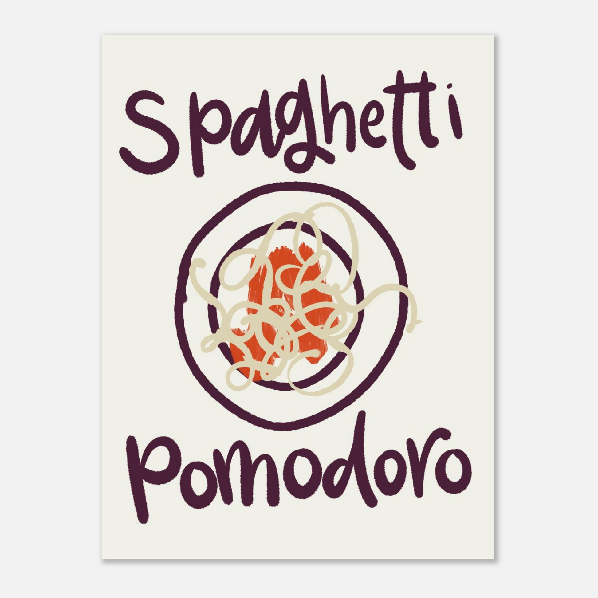 Pastaposter med handskriven text Spaghetti Pomodoro, närbild i aubergine på creme