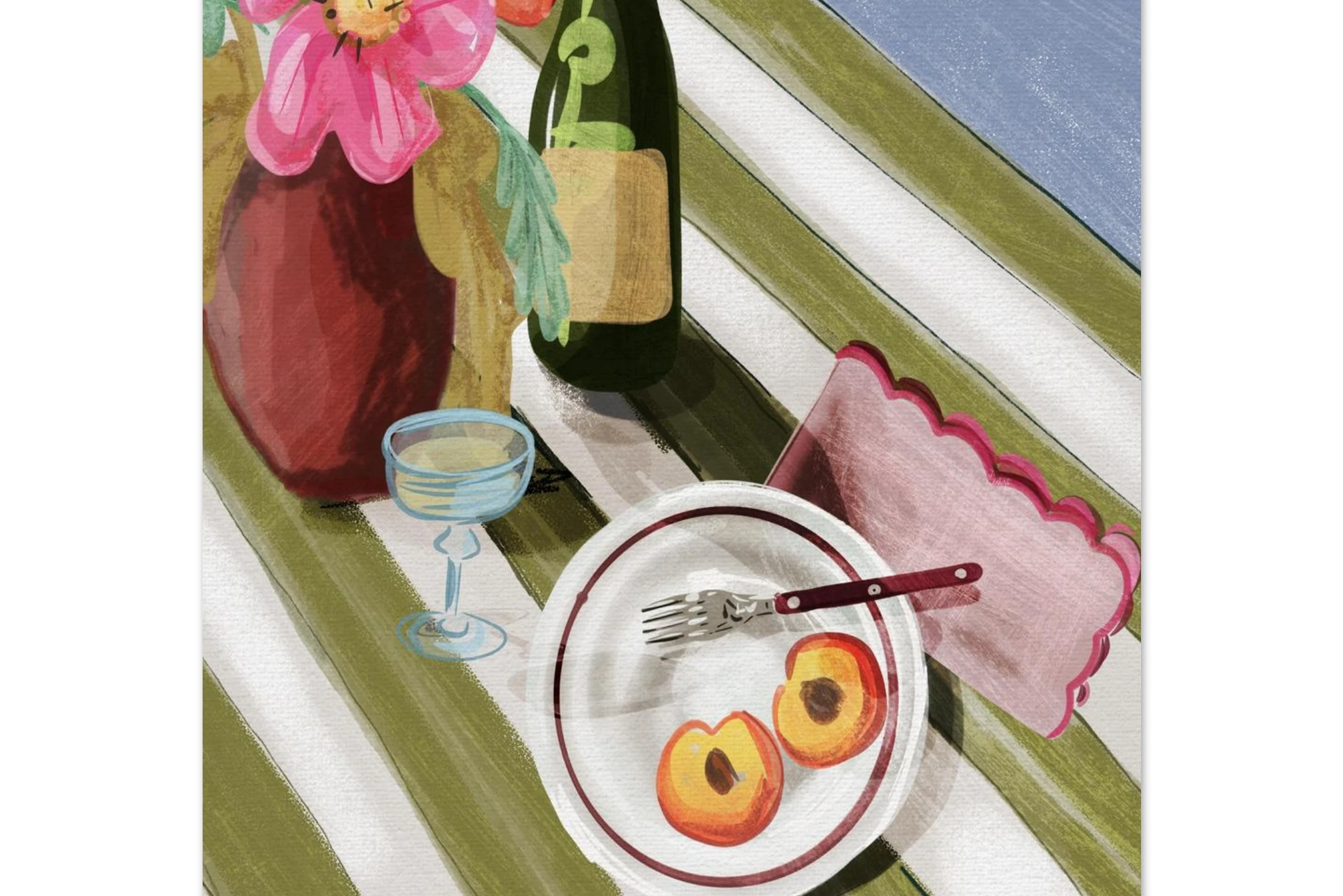 Illustration med vinflaska, glas och en stor kruka med en rosa dahlia. På en grönrandig duk finns även en rosa servett i scallop stil och en vit tallrik med röd rand. På den en delad persika och en trä gaffel.