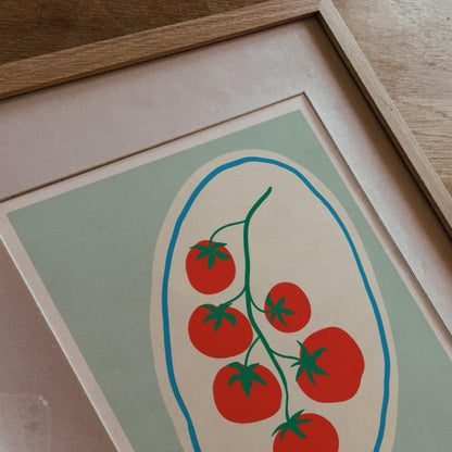 Körsbärstomater poster inramad i köket – botanisk illustration med varm röd färgskala