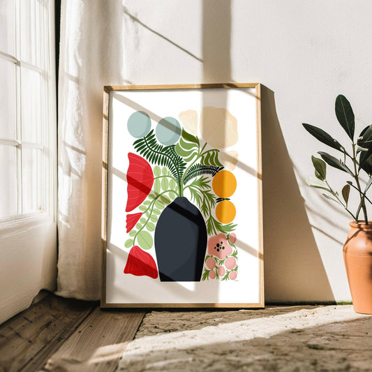Botaniskt tryckt med blomster i en svart vas 