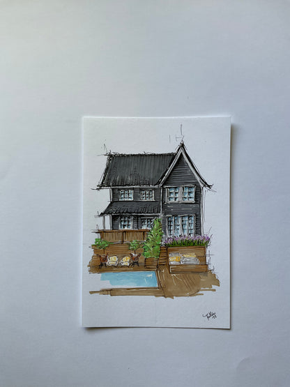 Unik bröllopsgåva: husillustration som förevigar platsen där brudparet bygger sin framtid.