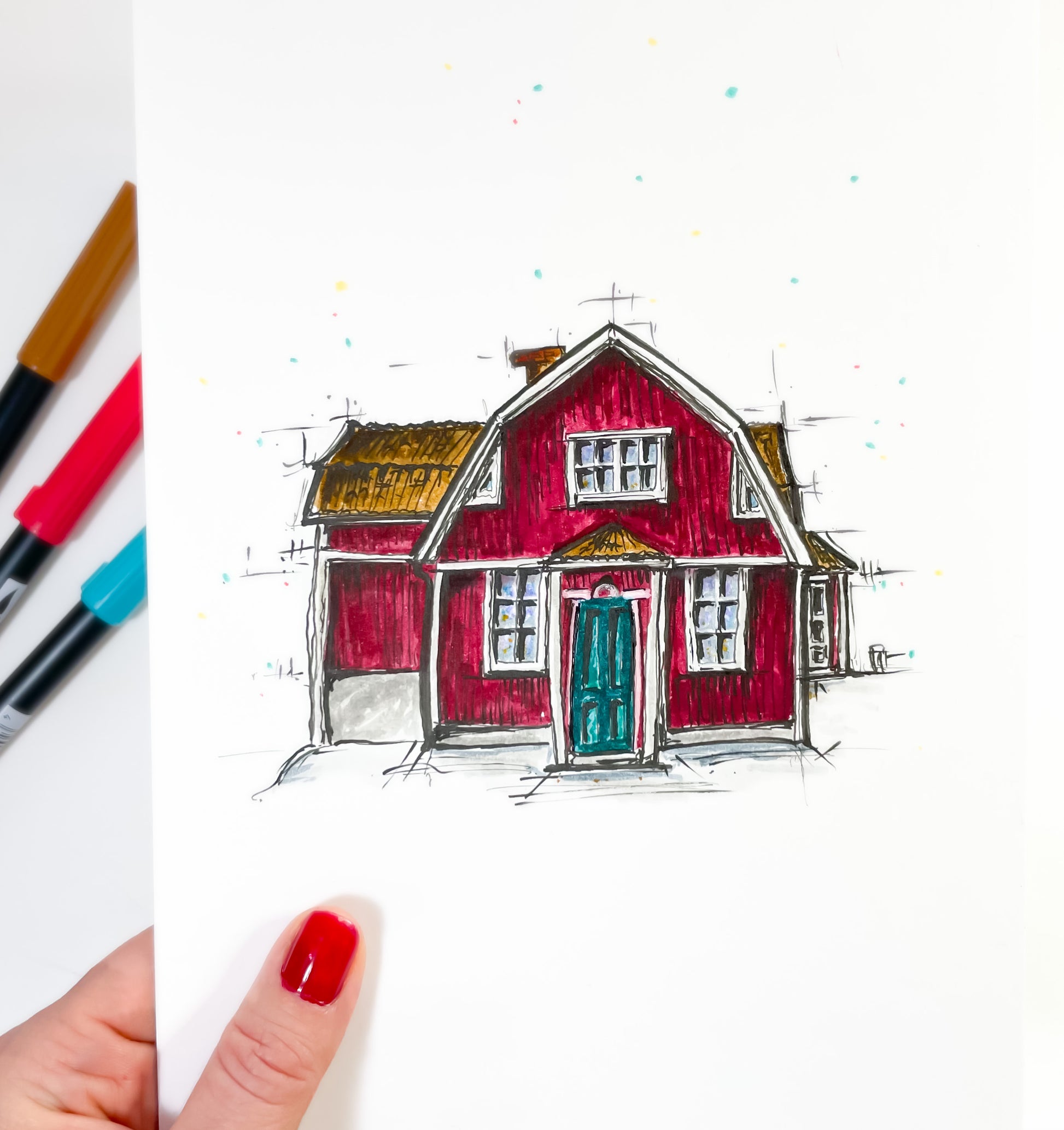 Whimsical illustration av ett litet hus, lekfull och pedagogisk väggkonst till barnrummet.