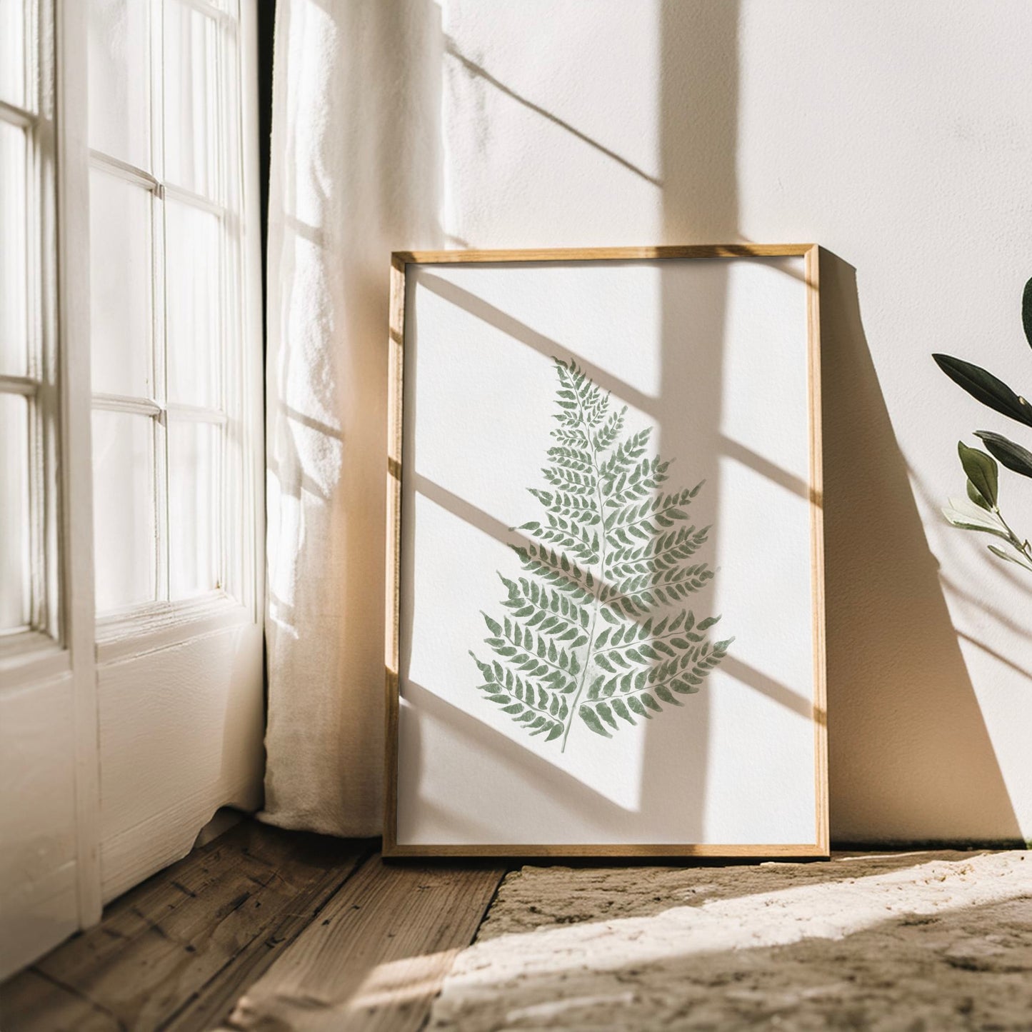 Botanisk poster med en ormbunke i akvarell, toner av Sage Green och sepia.