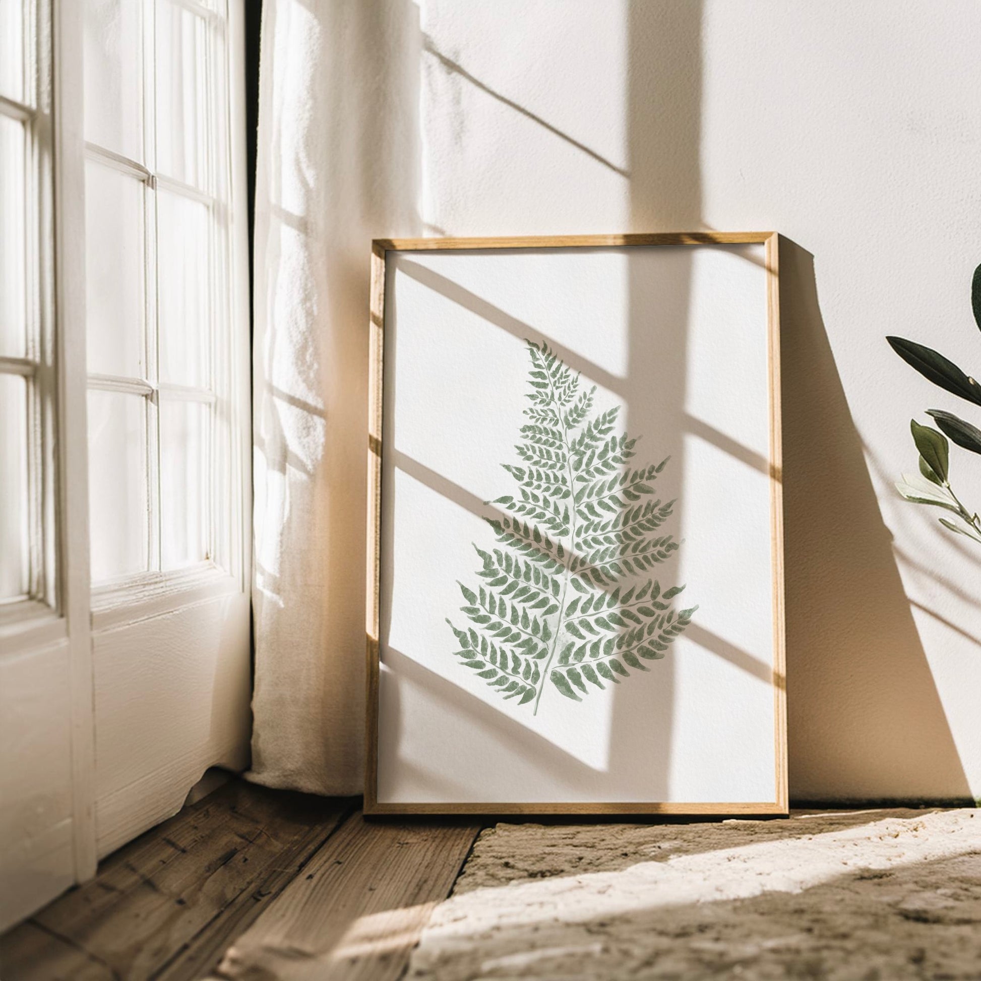 Botanisk poster med en ormbunke i akvarell, toner av Sage Green och sepia.